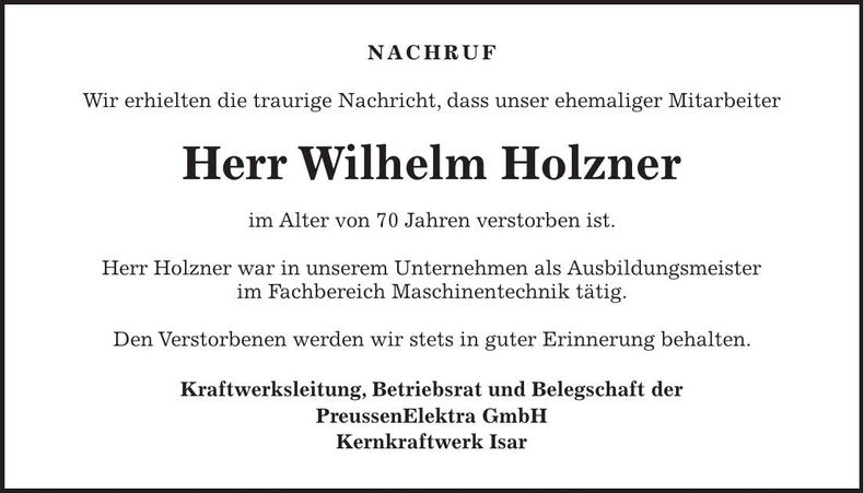 Traueranzeige Wilhelm Holzner