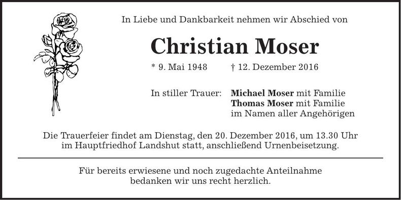 Traueranzeige Christian Moser
