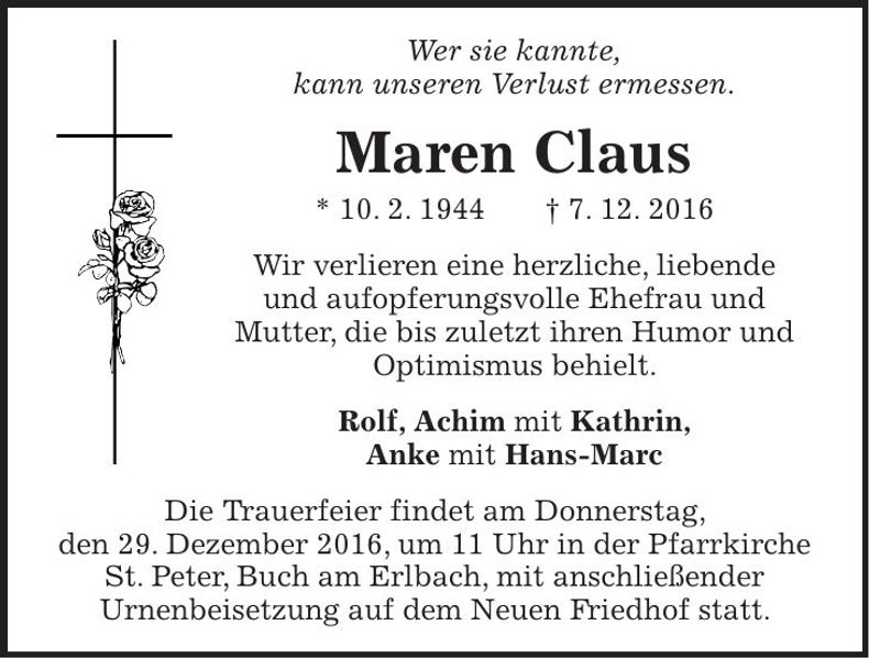 Traueranzeige Maren Claus