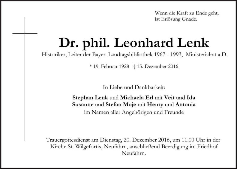 Traueranzeige Leonhard Dr. phil. Lenk