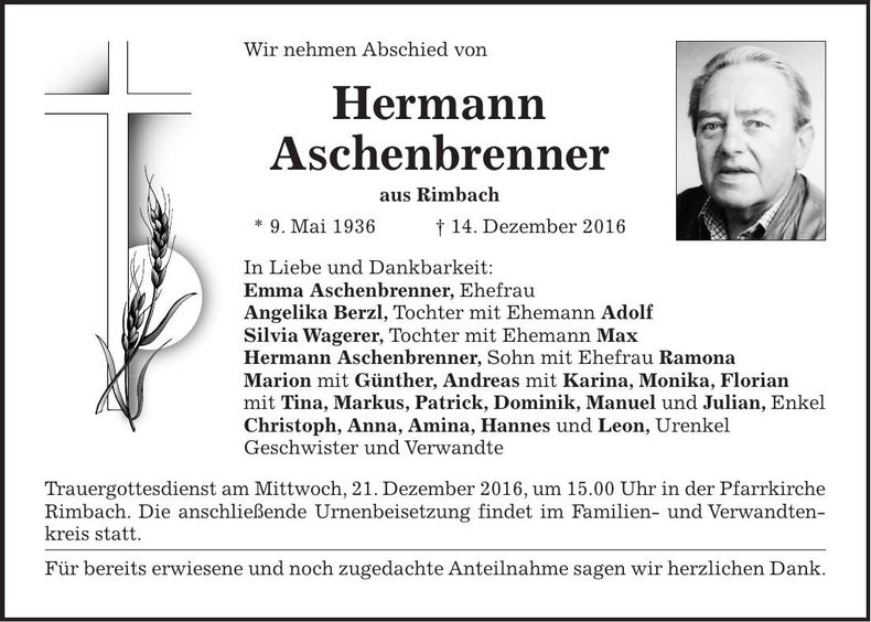 Traueranzeige Hermann Aschenbrenner