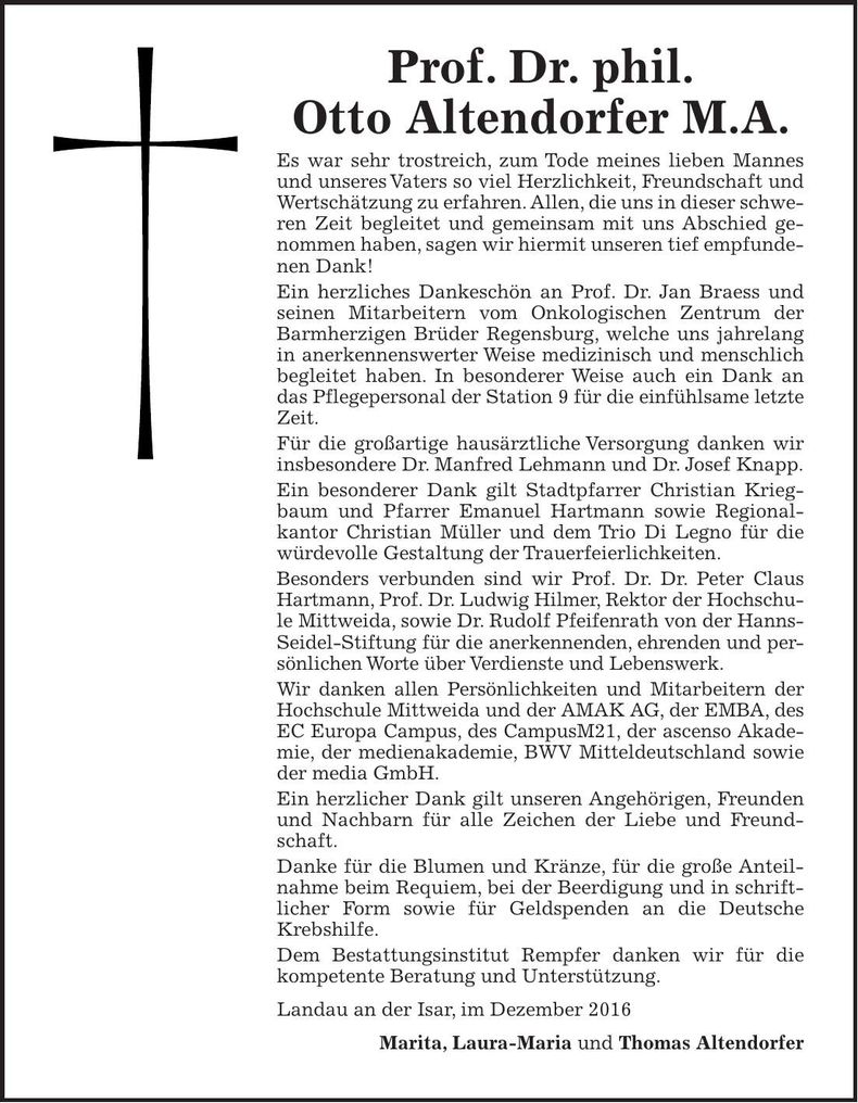 Traueranzeige Otto Prof. Altendorfer