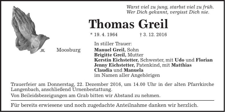 Traueranzeige Thomas Greil