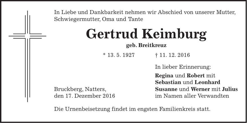Traueranzeige Gertrud Keimburg