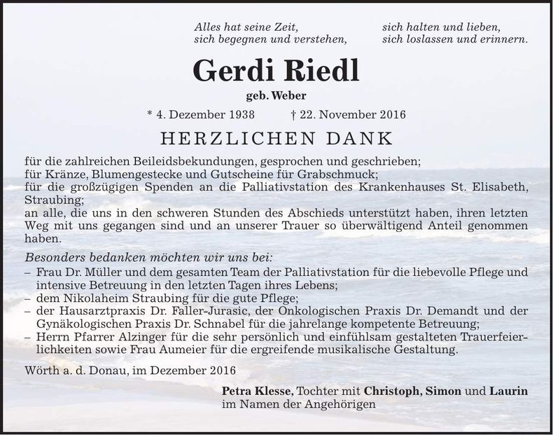 Traueranzeige Gerdi Riedl