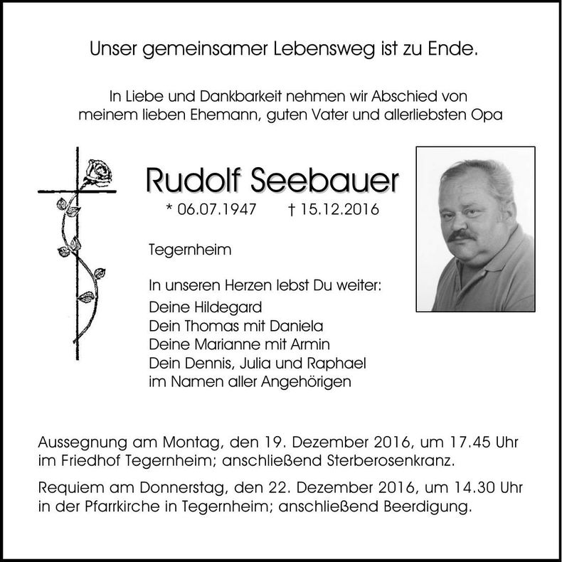 Traueranzeige Rudolf Seebauer