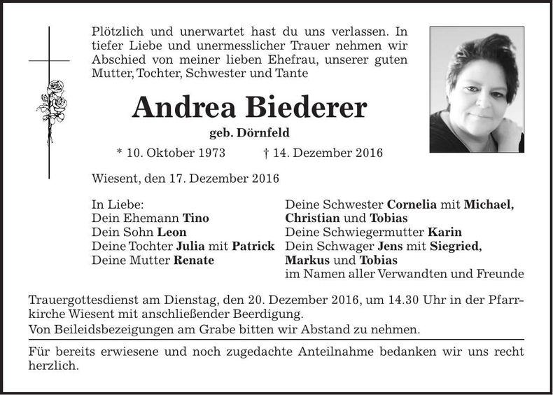 Traueranzeige Andrea Biederer