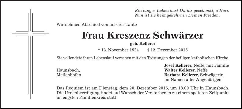 Traueranzeige Kreszenz Schwärzer