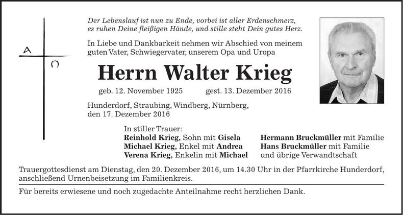 Traueranzeige Walter Krieg