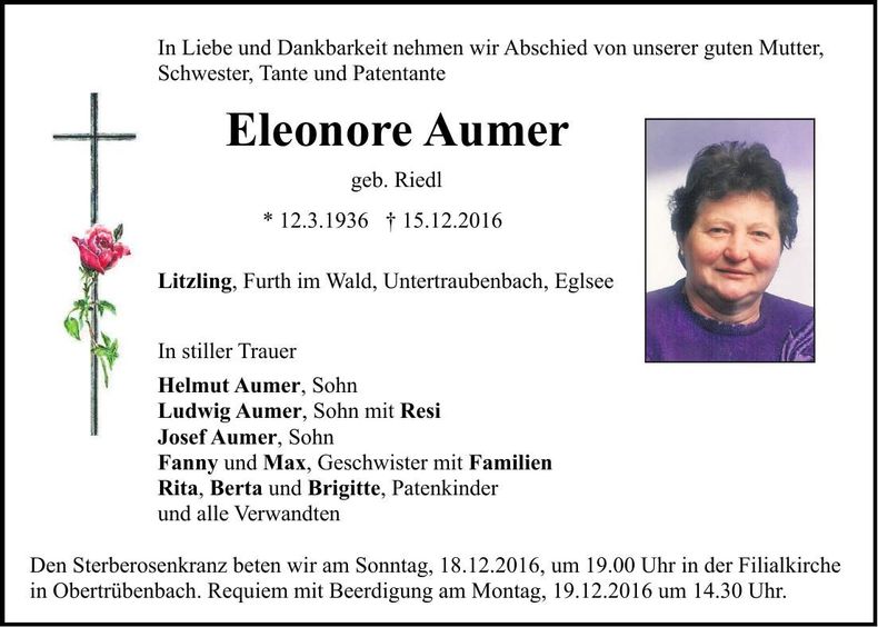 Traueranzeige Eleonore Aumer