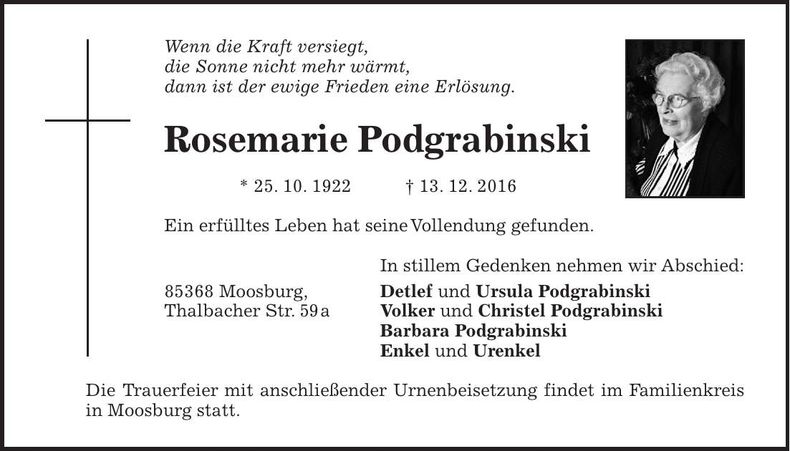 Traueranzeige Rosemarie Podgrabinski