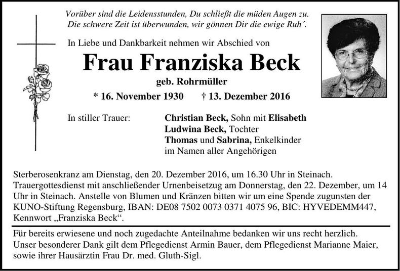 Traueranzeige Franziska Beck