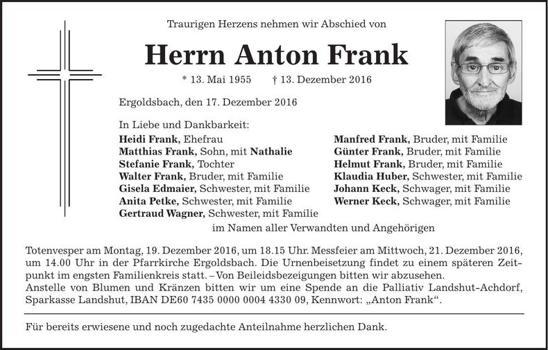 Traueranzeige Anton Frank