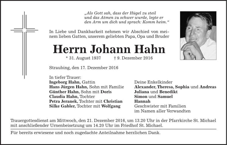 Traueranzeige Johann Hahn