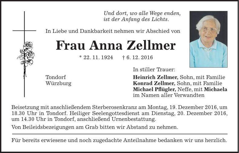 Traueranzeige Anna Zellmer