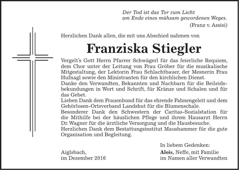 Traueranzeige Franziska Stiegler
