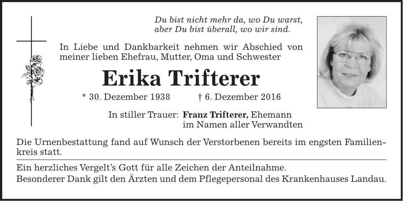 Traueranzeige Erika Trifterer