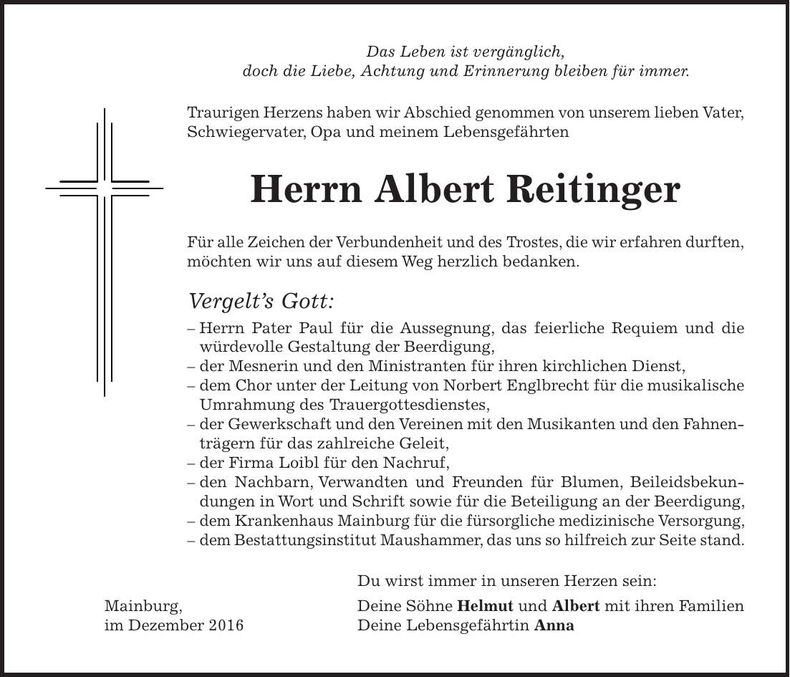 Traueranzeige Albert Reitinger