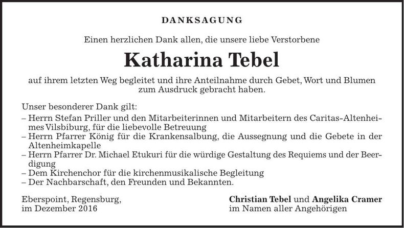 Traueranzeige Katharina Tebel