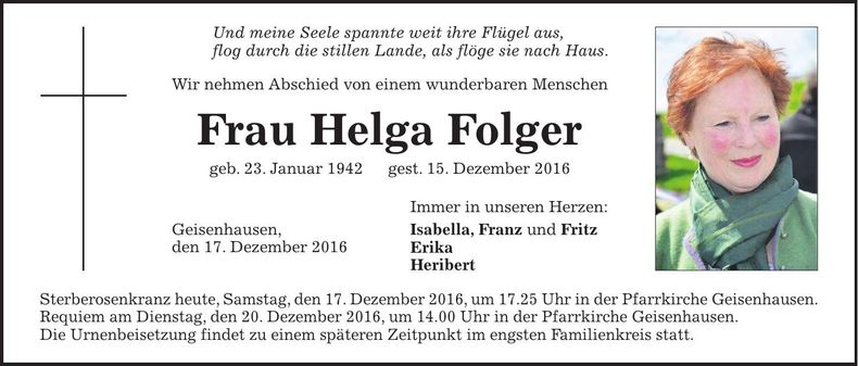 Traueranzeige Helga Folger