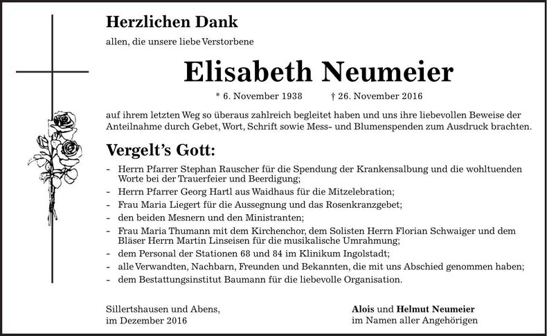 Traueranzeige Elisabeth Neumeier