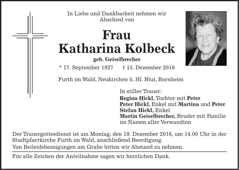 Traueranzeige Katharina Kolbeck