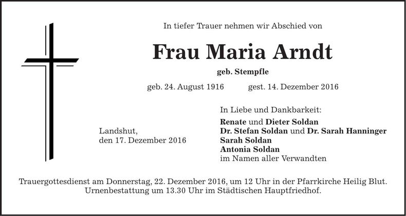 Traueranzeige Maria Arndt