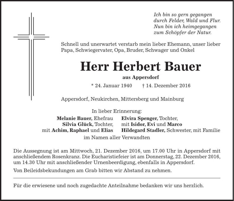 Traueranzeige Herbert Bauer