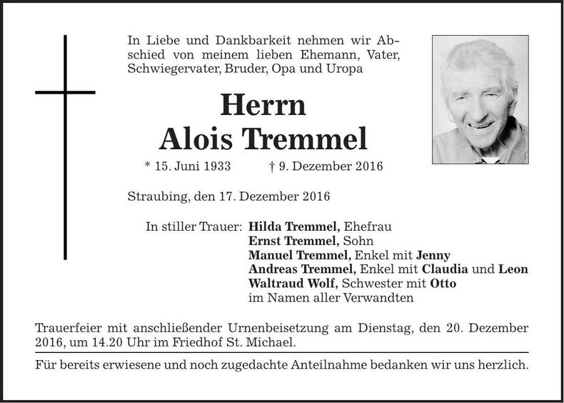 Traueranzeige Alois Tremmel
