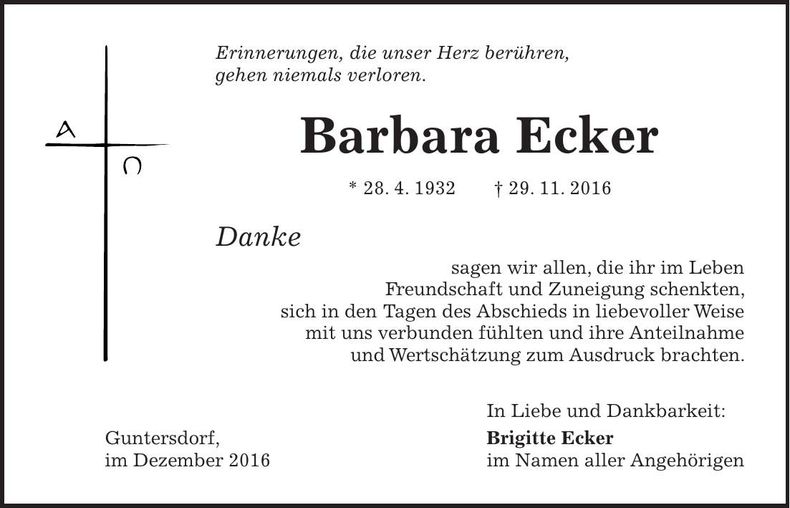 Traueranzeige Barbara Ecker