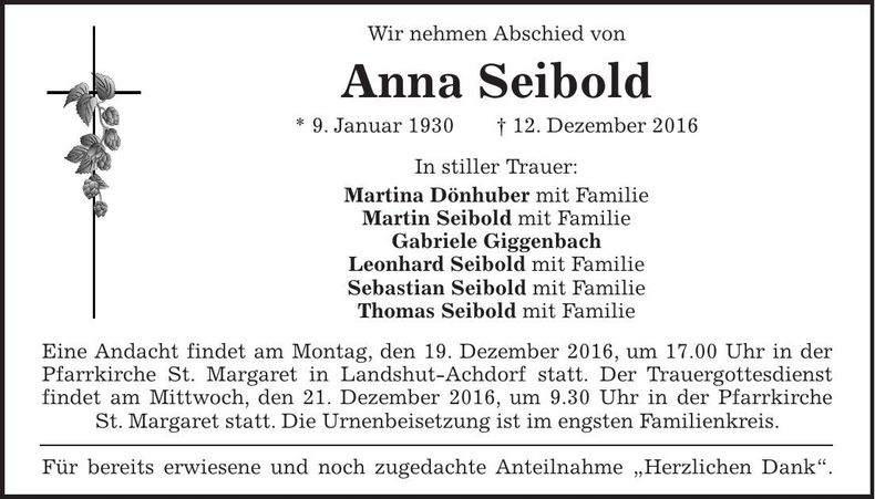 Traueranzeige Anna Seibold