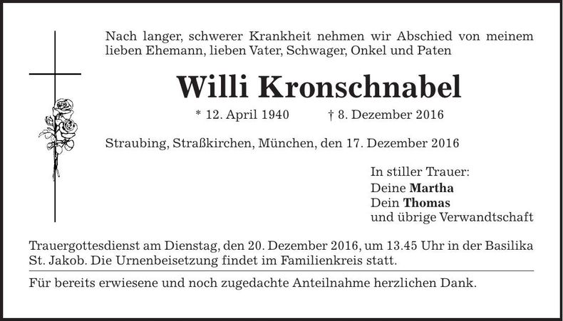 Traueranzeige Willi Kronschnabel