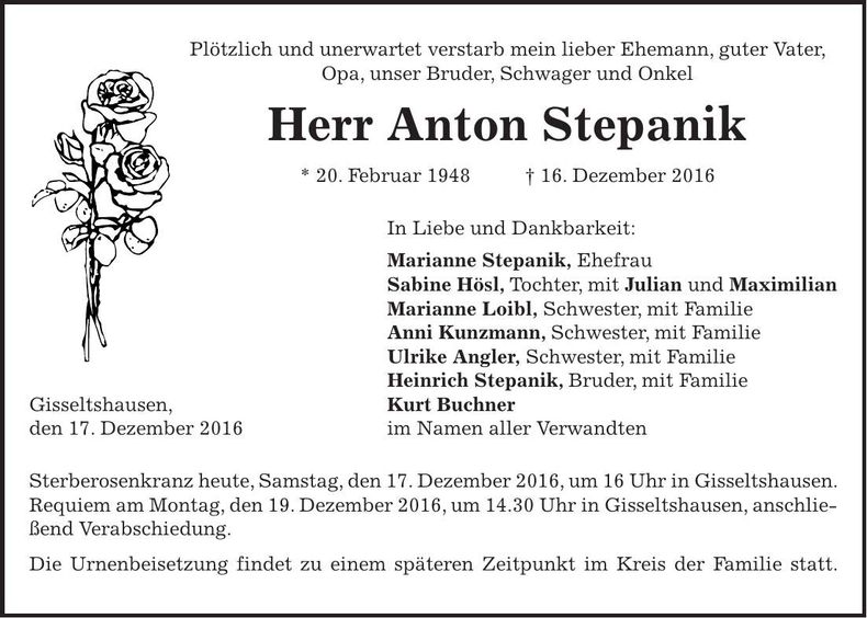 Traueranzeige Anton Stepanik