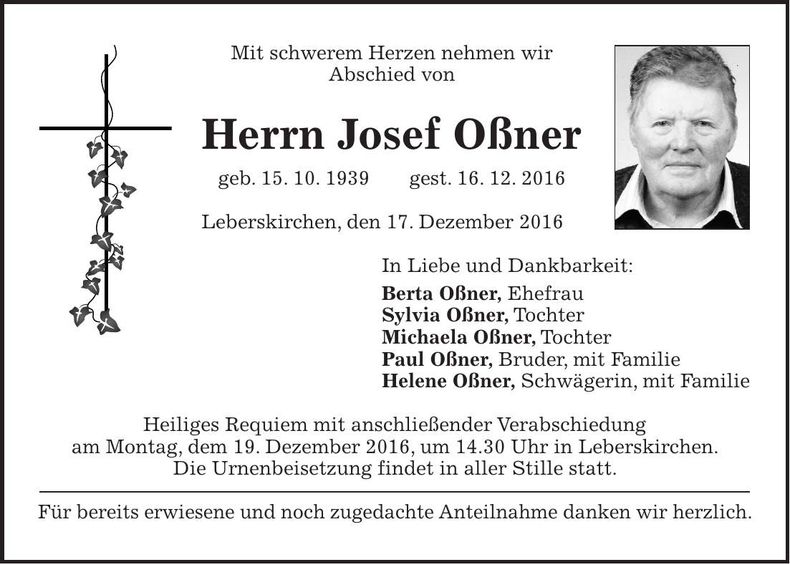 Traueranzeige Josef Oßner