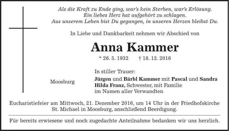 Traueranzeige Anna Kammer