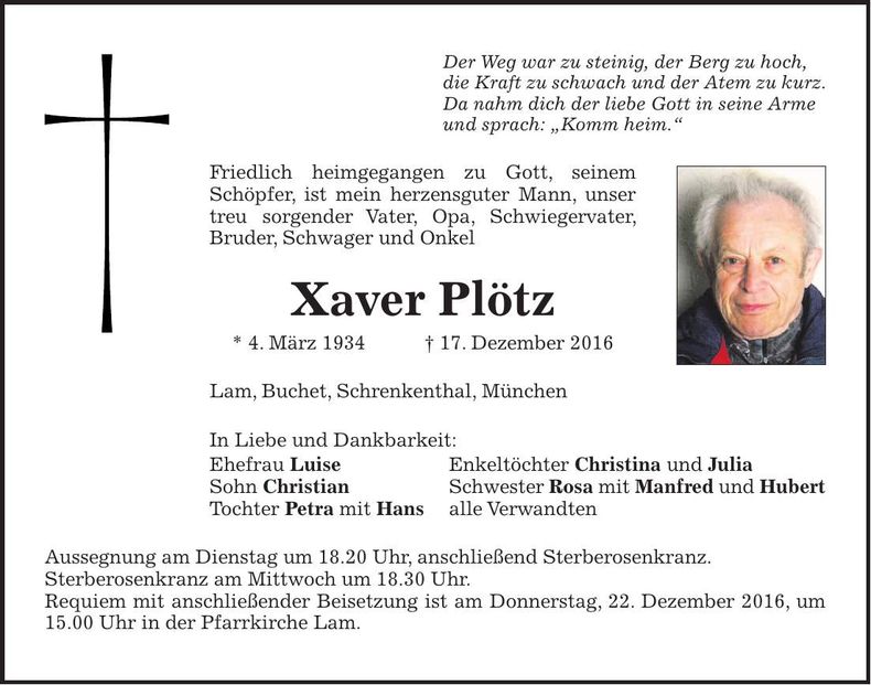 Traueranzeige Xaver Plötz