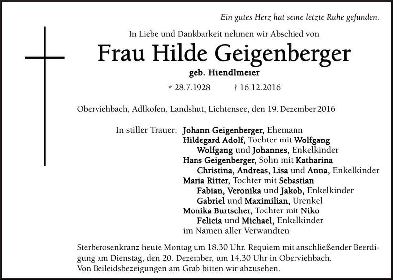Traueranzeige Hilde Geigenberger