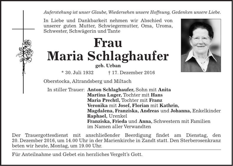 Traueranzeige Maria Schlaghaufer