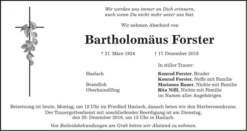 Traueranzeige Bartolomäus Forster