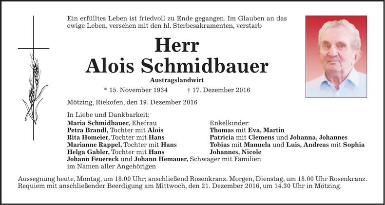 Traueranzeige Alois Schmidbauer
