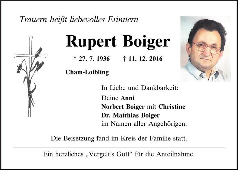 Traueranzeige Rupert Boiger