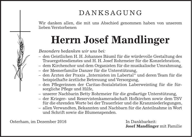 Traueranzeige Josef Mandlinger