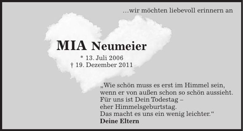 Traueranzeige Mia Neumeier