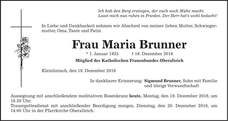 Traueranzeige Maria Brunner