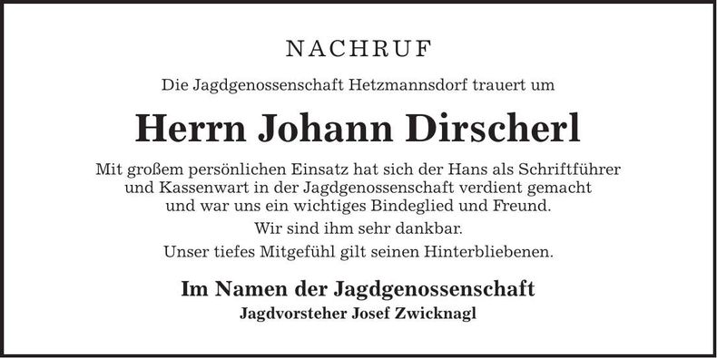 Traueranzeige Johann Dirscherl
