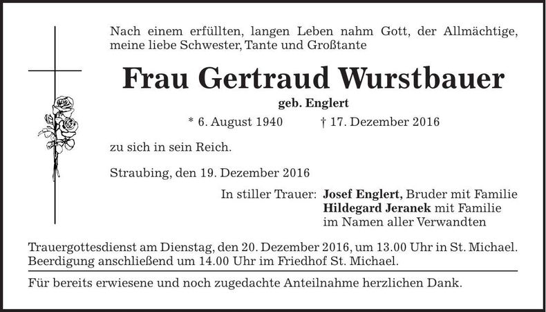 Traueranzeige Gertraud Wurstbauer