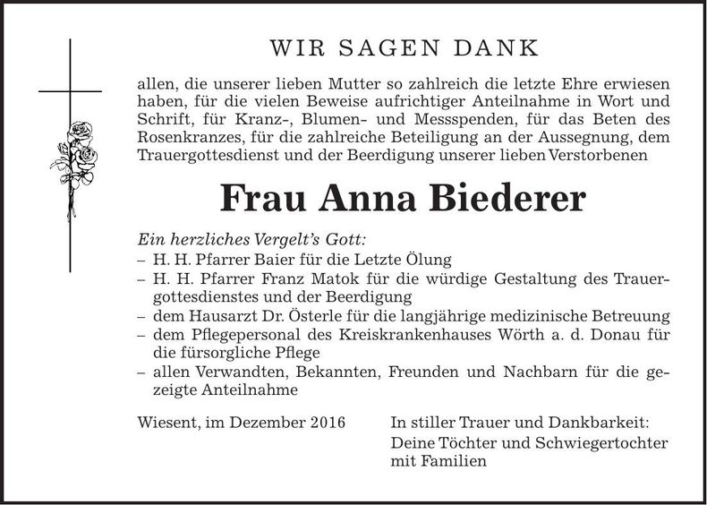 Traueranzeige Anna Biederer