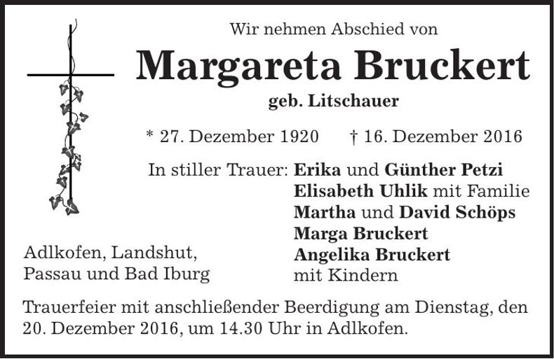 Traueranzeige Margareta Bruckert