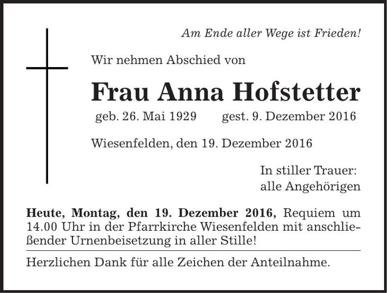 Traueranzeige Anna Hofstetter