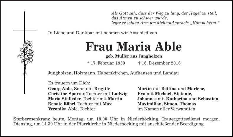 Traueranzeige Maria Able
